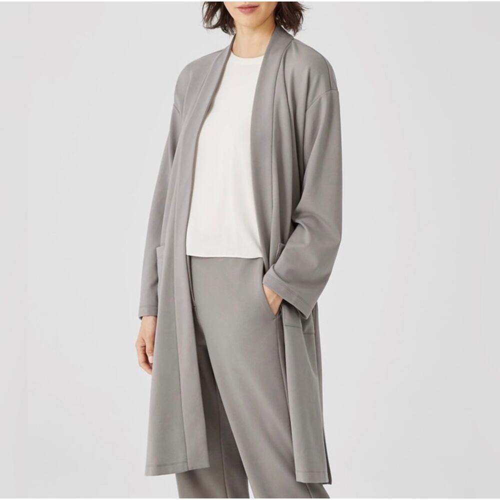 Eileen Fisher Belted Long Duster Cardigan Gray Tencel Stretch L Front Pockets